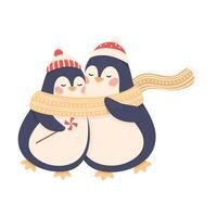 Cute Penguins as New Year Characters in Winter Hats Hugging and Embracing Each Other Illustration vector