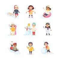 Children Enjoying Winter Fun Activities in Snow Sledging, Skiing, Building Snowman Set vector