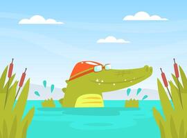 Cute Crocodile Character in Cap Swimming in Pond Cartoon Illustration vector