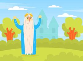 Funny Bearded King Character in Golden Laurel Wreath Standing With Raised Hands on Nature Cartoon Illustration vector