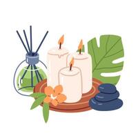 Composition of candles, aroma diffuser, hot stones and tropical leaves. Hand drawn illustration for wellness branding, aromatherapy packaging and spa menu design. vector
