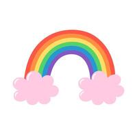 Bright rainbow arcs with fluffy pink clouds. Hand drawn illustration. vector