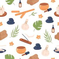 Seamless pattern with thai massage traditional elements and tropical plants. Hand drawn illustration for wrapping paper, textile, fabric. vector