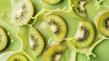 Fresh kiwi slices in vibrant green juice, showcasing a refreshing and healthy fruit concept with natural texture and vibrant color. video