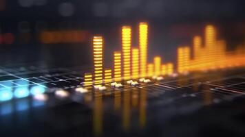 Glowing 3D equalizer bars in a dark environment, 3D background music, vibrant and high-tech video