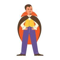 Flat illustration of a stylish young vampire in classic Dracula costume with elegant cape and sharp fangs. Halloween character vector