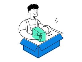 A cheerful man in uniform working on packing order into blue carton box, handling parcel for shipping delivery logistics with smiling expression vector