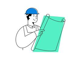 An engineer reviewing plans while wearing safety helmet, demonstrating focused construction planning and confident project management in architecture development vector