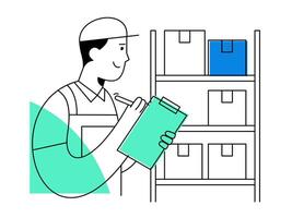 A smiling warehouse worker performs inventory check with clipboard, managing storage boxes on shelves for efficient logistics and organization vector