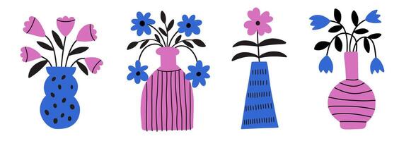 Bright groovy flowers in vases in flat cut-out style. Plant bouquets in flowerpots and floral pots. Pink blue colors vector