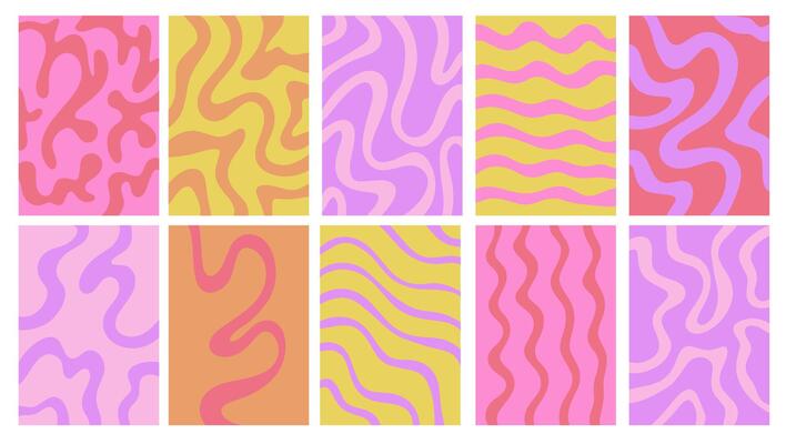 Vertical background with wave trippy shapes set in flat style. Fluid curved wiggling doodle hand drawn wavy organic stripes waves.