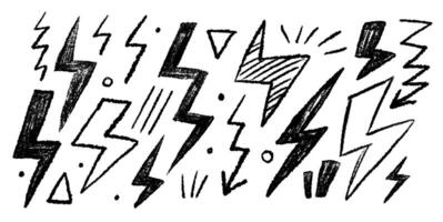 Set of Lightning thunder stroke doodle scribble grunge pencil set. Simple drawing charcoal textured elements. vector