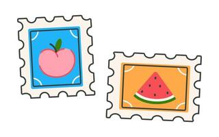 Postage stamp illustration. Cute bright postmarks with peach and watermelon fruits. Paper marks with borders for envelopes, letters. Clipart for stickers, scrapbooking, print. Cartoon doodle vector