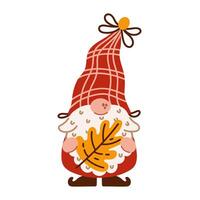 Cute autumn gnome. A funny elf with a beard holds a yellow oak leaf. Magic character of Scandinavian folklore. A dwarf in a checkered hat with a bow. Illustration for Thanksgiving, fall party vector