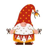 Funny autumn gnome. Cute elf with a beard holds a festive seasonal garland. Magical Scandinavian character. Dwarf in a polka dot hat, with a banner for the fall party. Clipart for Thanksgiving vector