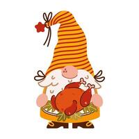 Funny autumn gnome. A cute elf with a beard holds a roasted turkey. Magical Scandinavian character. A dwarf in a striped hat, with a grilled poultry for family dinner. Clipart for Thanksgiving vector