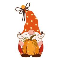 Cute autumn gnome. Funny bearded elf holds ripe orange pumpkin, seasonal crop. Magic character of Scandinavian folklore. Dwarf in a hat with stars. Cartoon fall illustration for Thanksgiving vector