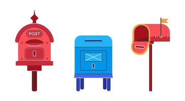 Postboxes set. Red, blue mailboxes for sending letters. Closed, open mail containers stand on a pillars, with a raised flag. Classic metal letterboxes. Doodle, cartoon clipart isolated on white vector
