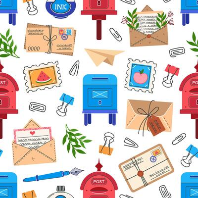 Mail seamless pattern. Letters in envelopes, postcards, documents, flowers. Written messages with wax seal. Postboxes, stationery. Paper correspondence, delivery background. Ornament for print