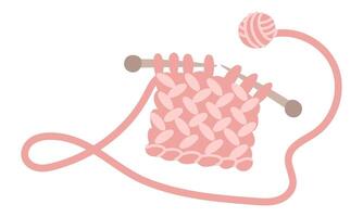 Knitting with straight knitting needles. Pink scarf with tangled thread and a ball. Cozy atmosphere. Handmade for others. Flat color illustration. For postcards, media posts, themes care and coziness vector