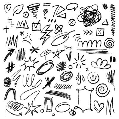set of various doodles. abstract drawings with a brush stroke. sketch of arrow design for business plans and education. individual objects, shading, hand-drawn on a white background