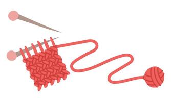 Knitting with straight knitting needles. red scarf with thread and small ball. cozy atmosphere. Handmade for others. flat colored isolated illustration. For postcards and themes of care and coziness vector