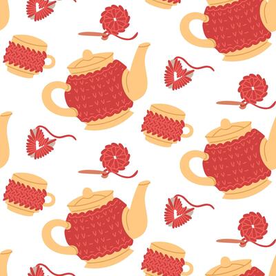 Pattern knitted heating pad, lid for ceramic teapot, mug, crocheted napkin, heart-shaped twisted threads. Cozy atmosphere, hand-made. Seamless flat color texture. Packaging, themes of care and comfort
