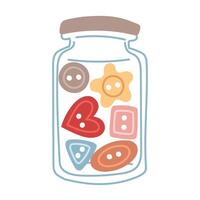 Glass closed jar with various buttons. Button storage. Cozy atmosphere. Handmade. Flat color isolated illustration. For postcards, packaging design, social media posts, and themes of care and coziness vector