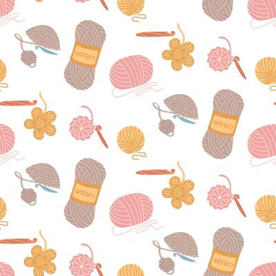 Crochet pattern. Napkin, flower, hat with threads. Small hat, ball of yarn. Cozy handmade atmosphere. Seamless flat color texture. Packaging, social media posts, themes of care and coziness
