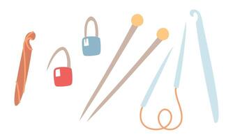 set of knitting items. Pins, straight and looped knitting needles, and hooks. flat color illustration. Suitable for infographics, templates, DIY blogs, packaging design, online stores, and workshops vector