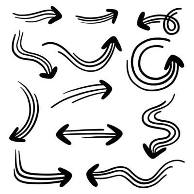 set of organic hand-drawn arrows. collection of hand-drawn triple arrows. sketch of arrow design for a business plan and education. Isolated hand-drawn arrows on a white background