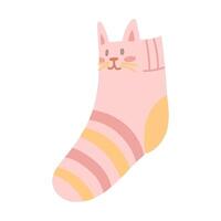 knitted pink sock with a cat's face and stripes. cozy atmosphere. Handmade. flat colored isolated illustration. For postcards, packaging design, social media posts, and themes of care and coziness vector