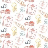 Pattern of fitness, sports, and proper nutrition. Scales, fruits, vegetables, measuring tape. Seamless color doodle. Design of packaging and posters. Suitable for projects about sports, nutrition vector