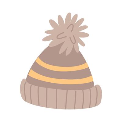 Knitted hat with a pompoms. Yellow stripes on brown. Cozy atmosphere. Handmade. Flat color isolated illustration. For postcards, packaging design, social media posts, and themes of care and coziness