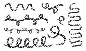 Chain lines in . A set of black silhouettes in the form of a metal chain, , silhouette, flat zigzags, loops, and curls of a chain on a white. Abstract movement. illustration vector