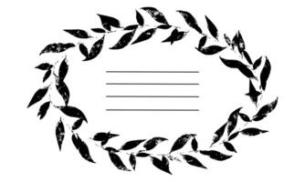 Frame oval with leaves of poorly printed texture Worn print, Distressed print. illustration with stripes for inscriptions. Template for notebooks, notebooks as a main page. Black on a white vector
