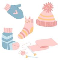 Set of knitted items. Socks, hat, mittens, and a half-knitted scarf in delicate colors. Collection of handmade items. Cozy atmosphere. Flat color illustration. Knitting, needlework, printed, hobbies vector