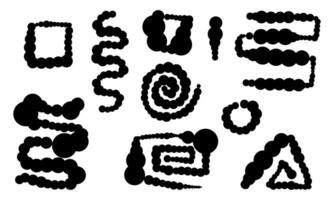 Dotted line of circles of different shapes, background, pattern, texture. Set of hand-drawn shapes with a round brush. Zigzag, loop, rectangle, circle, spiral. Isolated objects vector
