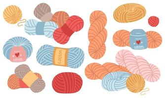 Set of multicolored, diverse knitting yarns with labels in various shapes. Collection of handmade products. Cozy atmosphere. Flat color illustration. knitting, needlework, prints products, hobbies vector
