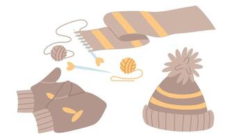 set of knitted winter accessories. Mittens, hat with pompom and an unfinished knitted scarf. flat color illustration. Suitable for blogs, articles, postcards, website design, and handmade advertising vector