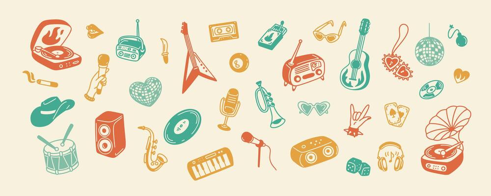 Retro music hand drawn doodle background. Old fashion rock and pop concert design elements and icons. 80s 90s y2k style nostalgia disco party, karaoke, festival sketch poster. Vinyl player