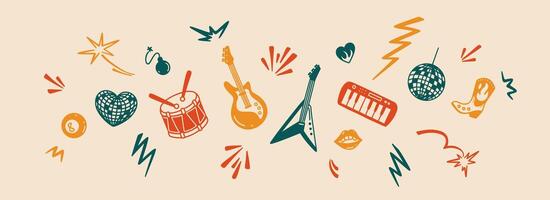 Rock n roll fest colorful vintage background. Retro disco party concept. Music instruments doodle stickers and icons set. Graphic design for pop punk band. Flame, fire, lightning, star shape vector