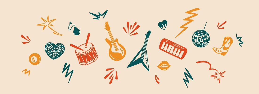 Rock n roll fest colorful vintage background. Retro disco party concept. Music instruments doodle stickers and icons set. Graphic design for pop punk band. Flame, fire, lightning, star shape