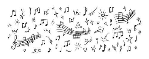 Set of hand drawn doodle music notes. Handwriting crayon scribble. Musical symbols sketch. Childish melody background. Whimsical chalk kid pattern. Classic concert poster design vector