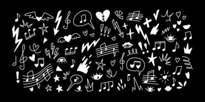 Hand drawn emo grunge doodle background. White crayon scribble on the blackboard. Chalk abstract sketch drawings. Line icon set. Star, heart, eye, music note, fire shape. Punk rock concept vector
