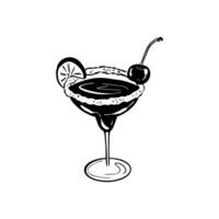 Hand drawn sketch cocktail glass illustration. Margarita drink doodle icon drawing. Frozen alcohol beverage with lemon slice and cherry. Martini with ice. Vintage bar menu. Coquette girly party vector