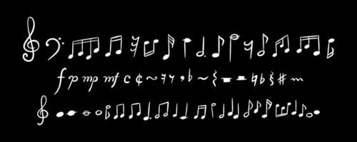 Hand drawn cute line doodle music notes and signs set. Crayon scribble background. Handwriting sketch illustration. Melody sound symbols. Backboard chalk drawing vector