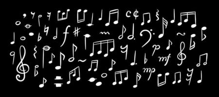 Music school blackboard. Handwriting musical notes, keys and symbols. Childish white crayon scribbles on the chalkboard. Hand drawn conservatory background. Piano concert poste vector