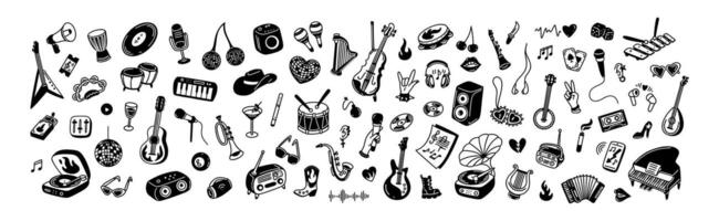 Handwritten doodle music design elements and icons. Punk, rock festival sketch background. Guitar, piano, flute and other musical instruments. Y2k retro disco crayon concept. Vinyl vintage player vector