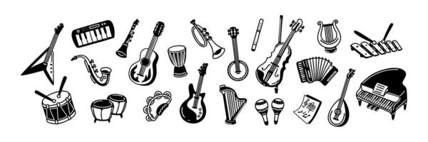 Set of hand drawn doodle music instruments. illustration. Classic orchestra concert background. Jazz, rock, pop, reggae festival concept. Linocut icon set. Musical school poster vector